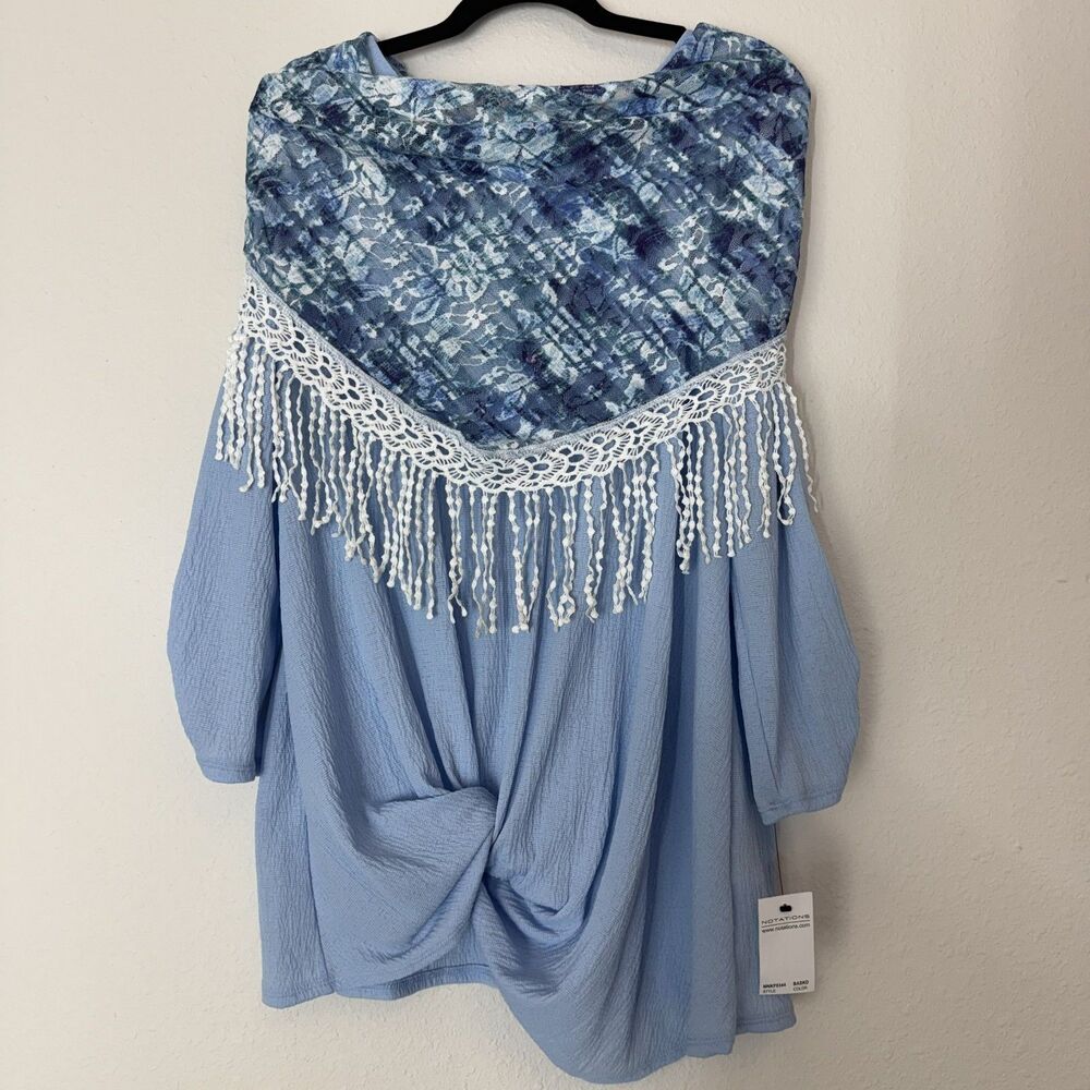 Notations Blue Crinkled Twisted 3/4 Sleeve Tunic And Lace Infinity Tassels Scarf